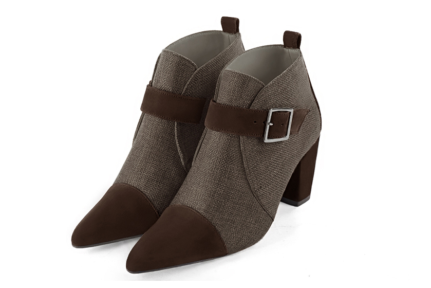 Dark brown women's ankle boots with buckles at the front. Tapered toe. High block heels. Front view - Florence KOOIJMAN